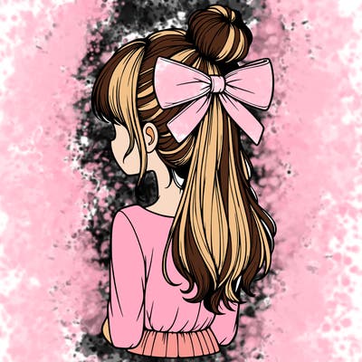 realistic girl  with hip length hair a bun and a big bow on the back of head