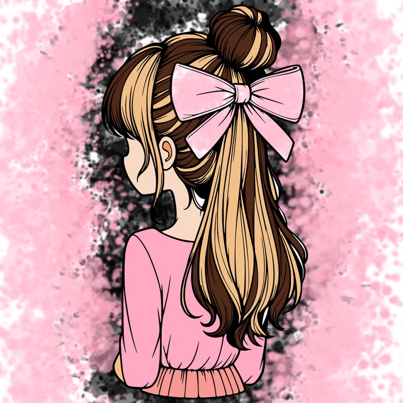 realistic girl  with hip length hair a bun and a big bow on the back of head