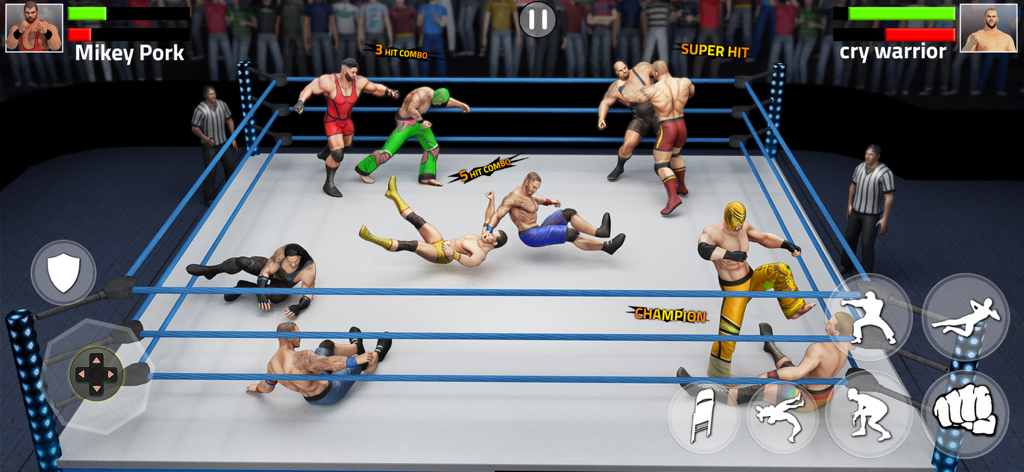 Action packed royal rumble match in Real Wrestling Fighting Game featuring multiple 3D wrestlers in a ring