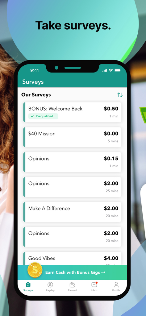 Surveys On The Go - Mobile app interface displaying available surveys with cash rewards and estimated times