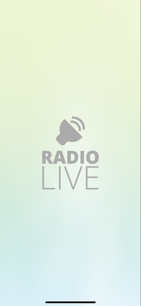 Radio Live app splash screen featuring a gray speaker icon and the words Radio Live over a soft green gradient background.
