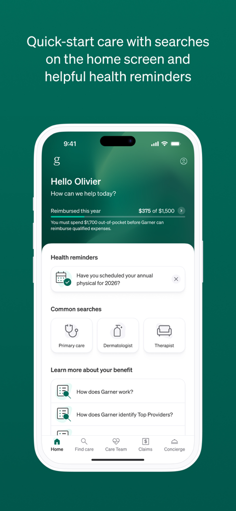 Garner Health - Garner Health app home screen displaying reimbursement progress and health reminders
