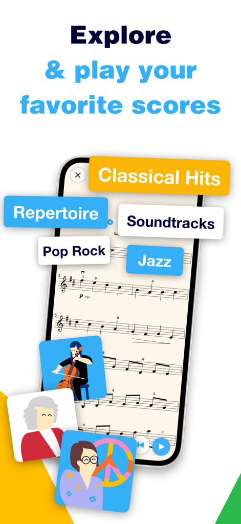スマートフォン画面に表示されたMetronautデジタル楽譜。クラシック、ヒット曲、ジャズ、サウンドトラックなどの音楽ジャンルカテゴリがあります。