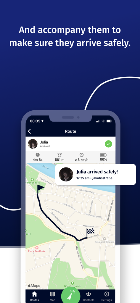 Arrive Safe app screen with a map showing a completed route and a notification confirming a safe arrival.