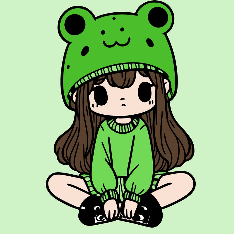 a girl wearing a frog hat and some frog socks