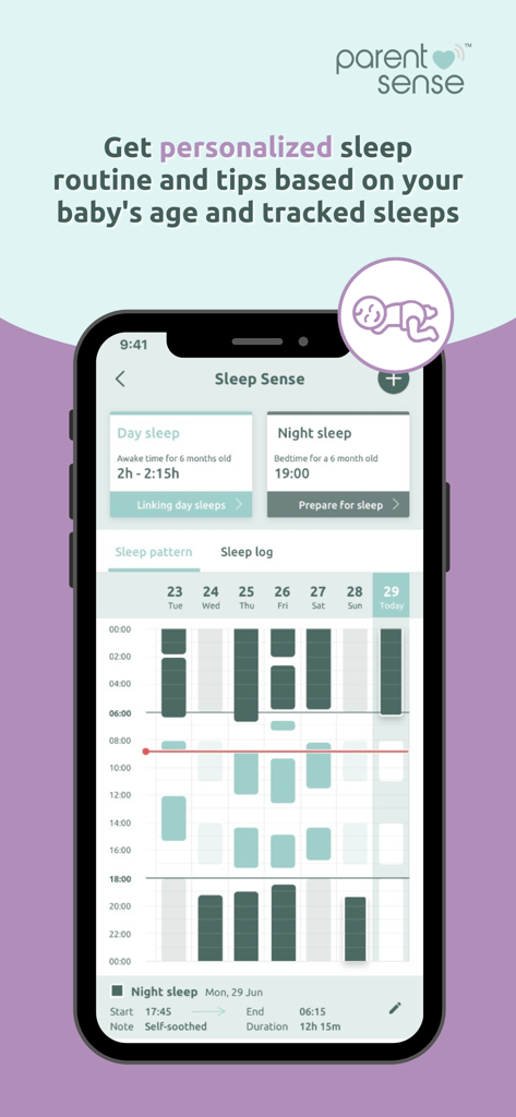 Parent Sense: Daily Baby Care - A mobile interface for the Parent Sense app showing personalized baby sleep routines and a weekly sleep pattern log.