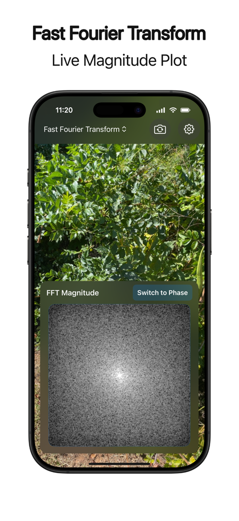 Image Toolkit Pro - A smartphone screen displaying a live Fast Fourier Transform magnitude plot over a camera feed.