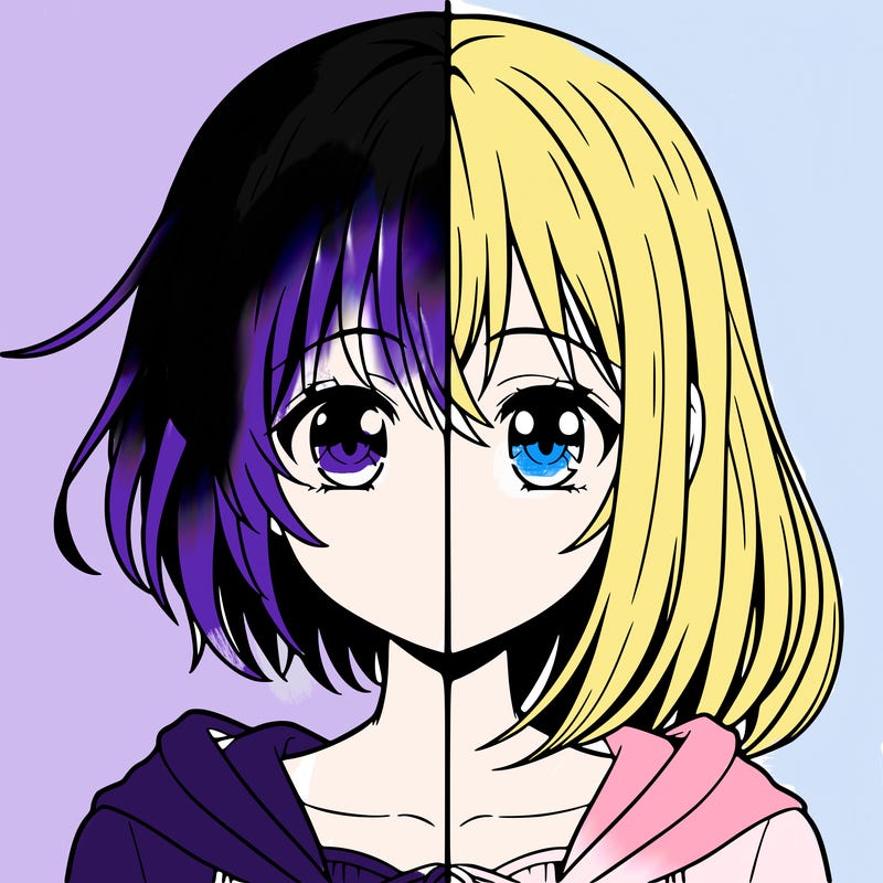anime girl split one side has short hair and the other has long hair