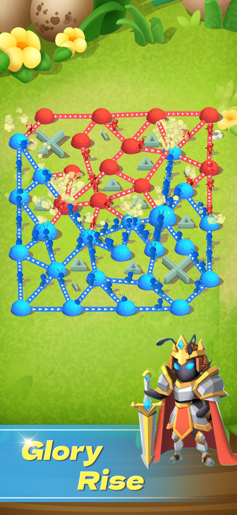 Top down tactical battle between red and blue ant colonies in Ant Fight with a knight hero character