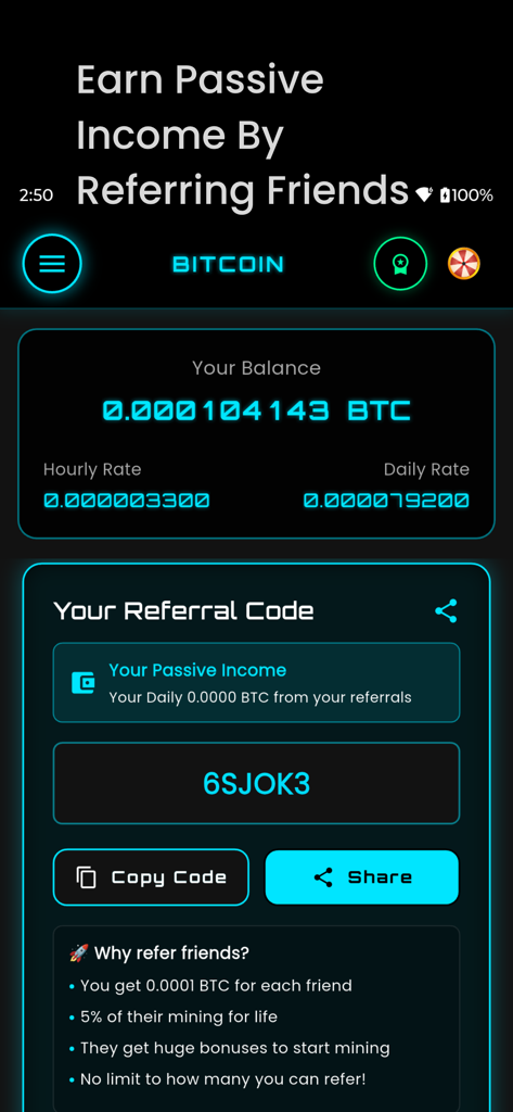 Bitcoin Miner app interface showing referral code and rewards for inviting friends to earn passive income
