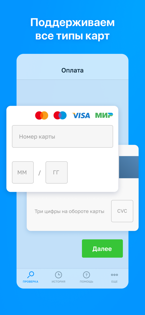 Mobile app screen for entering bank card details to pay FSSP debts supporting Visa Mastercard and Mir cards