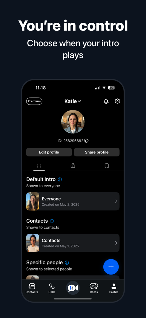 FaceCall - Answer Better - Eine mobile App-Oberfläche von FaceCall, die Datenschutzeinstellungen anzeigt, um zu steuern, wer verschiedene Video-Anrufer-ID-Einführungen sieht.