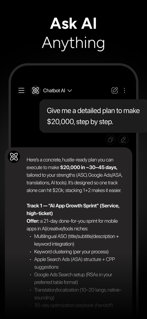A screenshot of Chatbot AI Assistant Genie providing a detailed step by step business growth plan