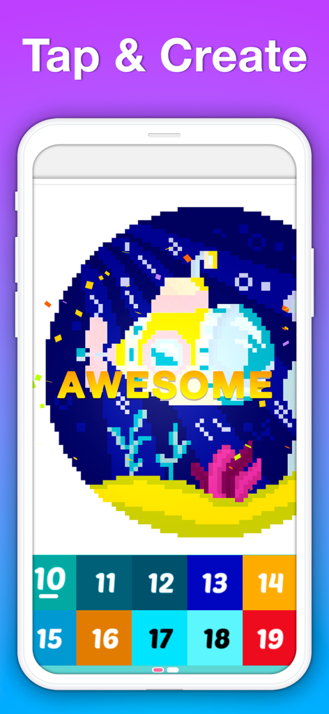 Un diseño de arte pixelado completado de un submarino amarillo bajo el agua en la aplicación PixelArt Saga