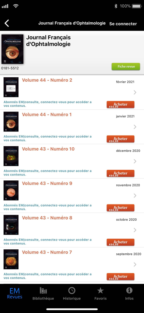 Screenshot of the EM Revues app showing a list of volumes and issues for the Journal Francais d Ophtalmologie