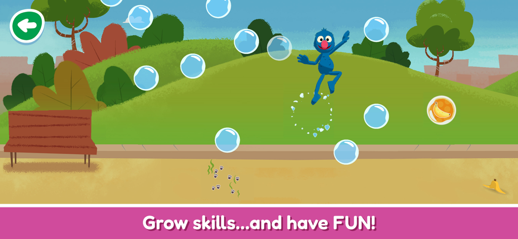 Grover a saltar e a rebentar balões num ambiente de parque, minijogo