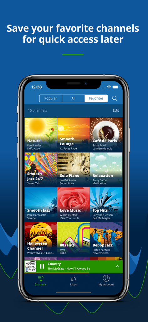 Radio Tunes - great music 24/7 - Radio Tunes mobile app interface showing the favorites screen with various curated music channels like Jazz and 80s hits.