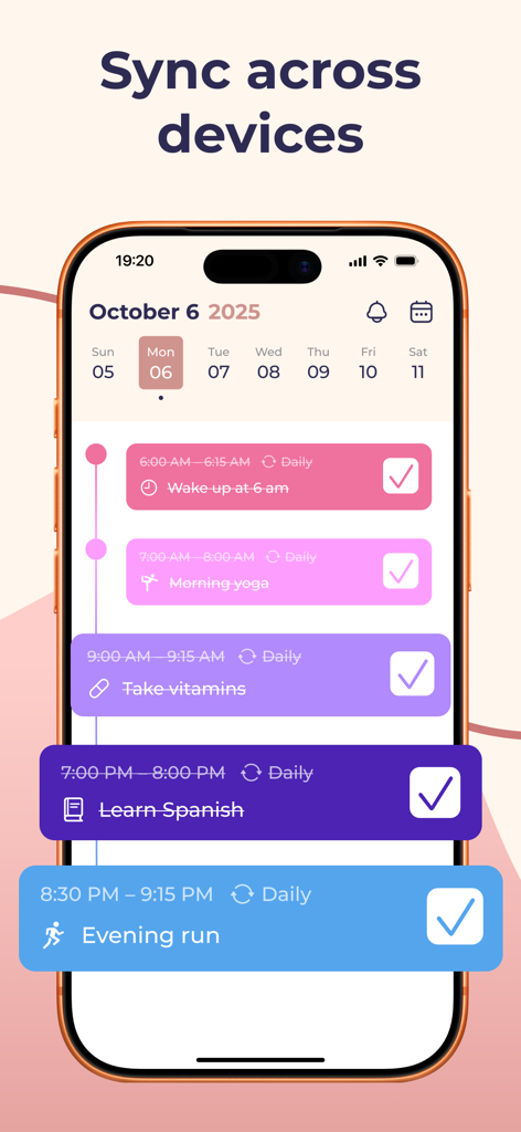 Daily Planner & Task Manager - Interface do aplicativo Planejador Diário e Gerenciador de Tarefas mostrando uma agenda colorida com tarefas diárias em um iPhone.