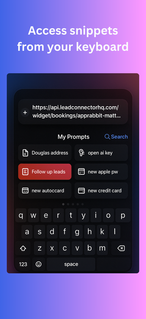 PromptBox Mobile - PromptBox Mobile keyboard extension interface showing saved text snippets and prompts for quick access while typing.