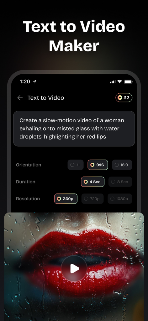 Text To Video AI - Vixora - Interface of Vixora app showing the text-to-video creation screen with settings for orientation and duration next to a generated video preview
