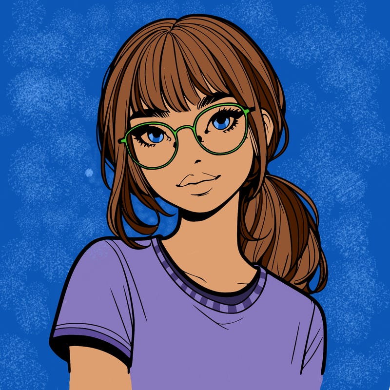 realistic girl with freckles and clear glasses