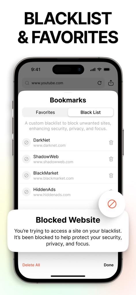 Guard Browser: Private & Safe - Guard Browser interface showing a custom blacklist of blocked websites and a security notification