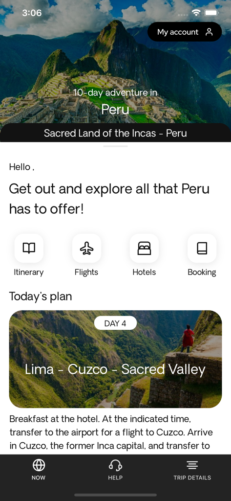 Exoticca: Travelers’ App - Panel de la app Exoticca que muestra el itinerario de un viaje a Perú con detalles de vuelos, hoteles y actividades diarias.