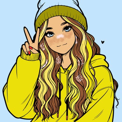 a teenage girl in a beanie, oversized sweatshirt, wavy long hair, and is showing a ✌️