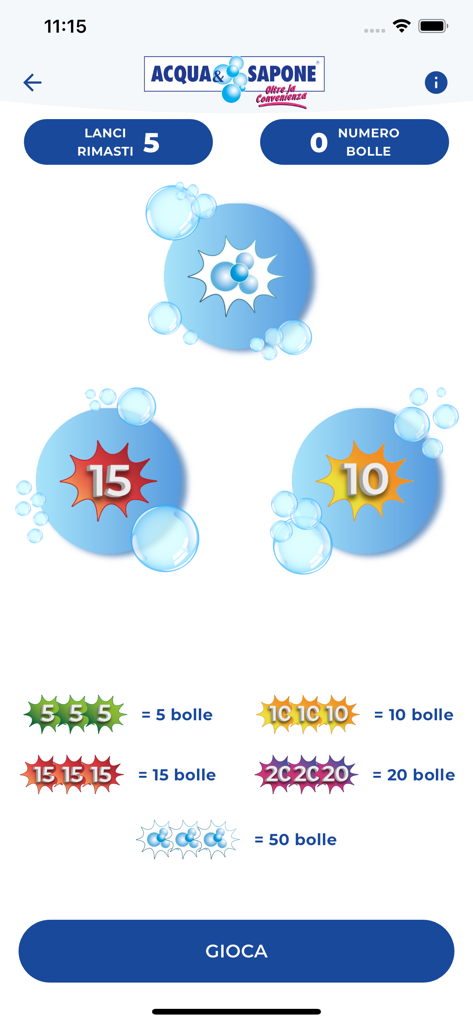 In-App-Spielbildschirm von Acqua and Sapone mit Blasenpunkte-Prämien und einer Wiedergabetaste