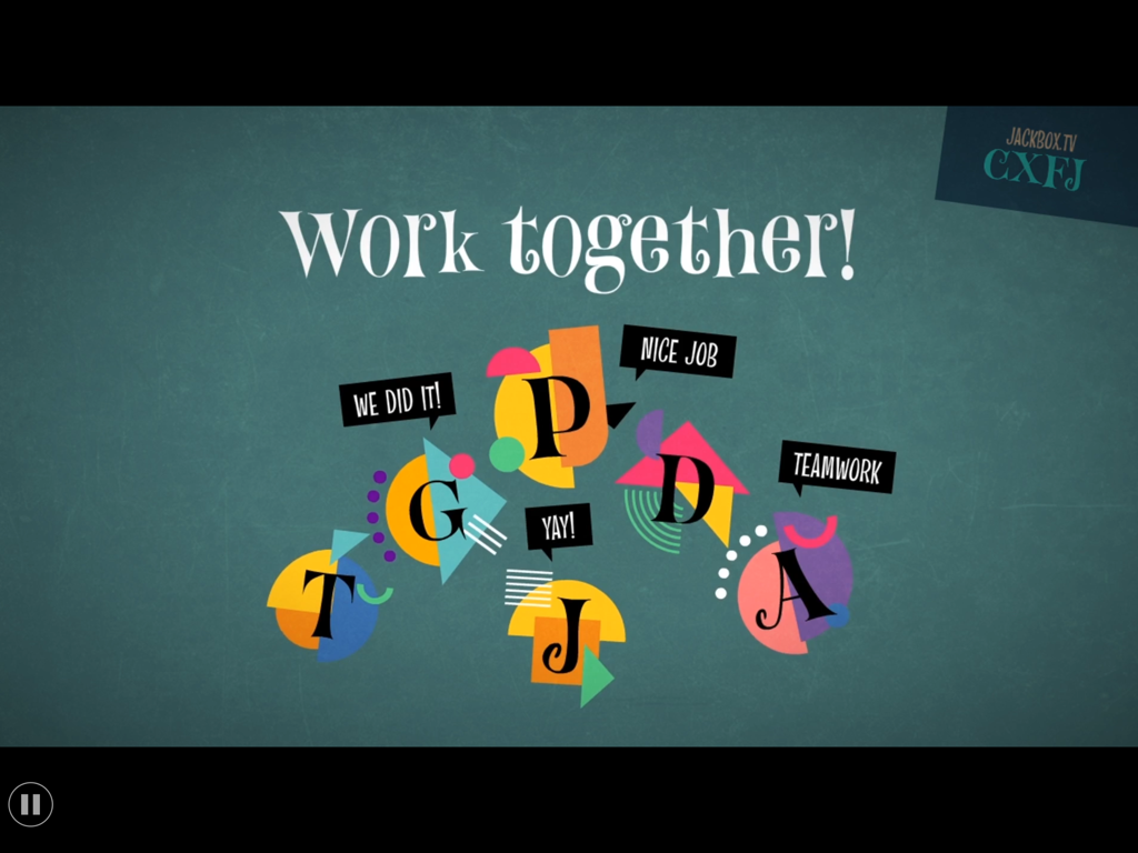 Un écran de jeu coloré de Jackbox Party Pack 7 affichant le message "Travaillez ensemble" avec divers icônes de joueurs et bulles de dialogue.