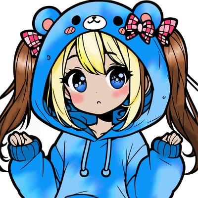 cute anime girl with ponytails and a cute bear hoodie