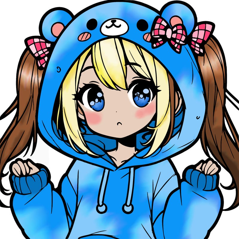 cute anime girl with ponytails and a cute bear hoodie