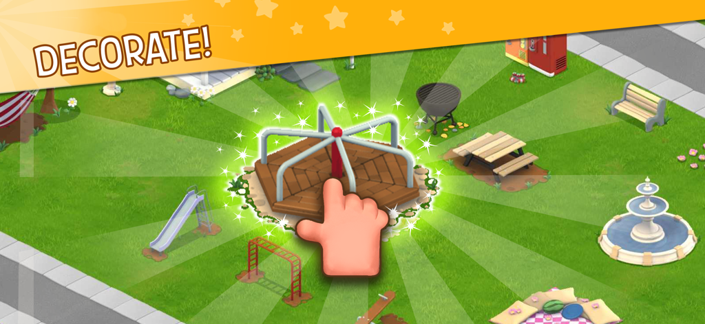 A game screenshot of Snoopy Town Tale showing how to decorate a playground with a merry-go-round