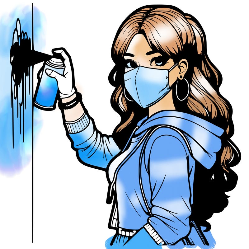 realistic girl with mask spray painting a wall