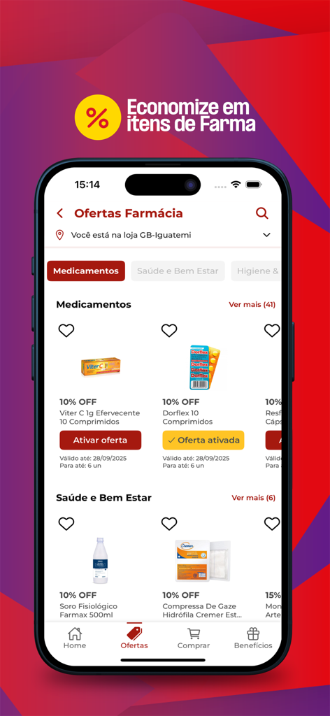 GBarbosa - Pharmacy section of GBarbosa app showing discounts on medications and health products