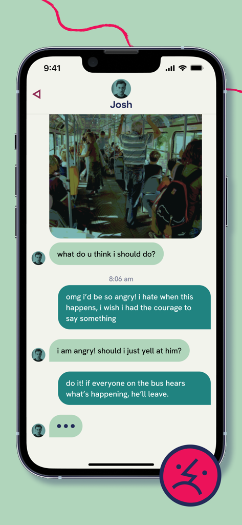 OMG! - A mobile screen showing an interactive chat conversation in the OMG! app discussing how to handle a situation on a bus