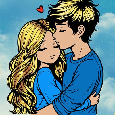 a realistic couple boy and girl hugging and kissing