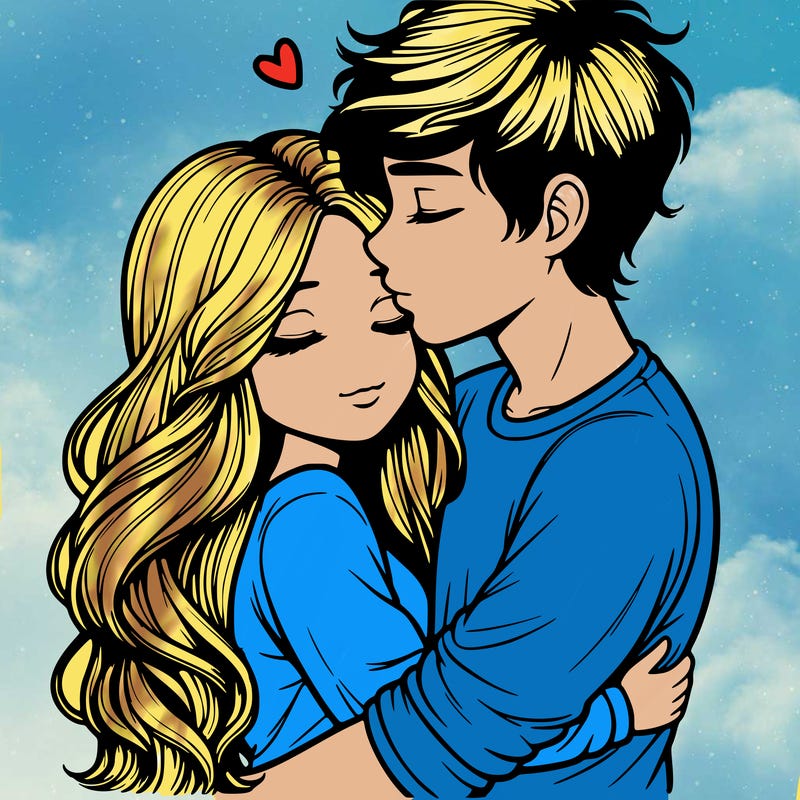a realistic couple boy and girl hugging and kissing