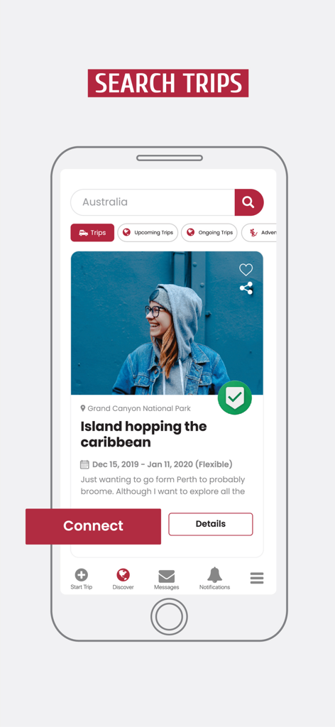 GAFFL - Find A Travel Buddy - La pantalla de búsqueda de viajes en la aplicación móvil GAFFL que muestra el perfil de un compañero de viaje verificado para un viaje de isla en isla.