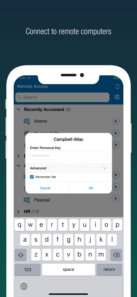 Interfaz de inicio de sesión segura para RemotePC Acceso Remoto de Escritorio en un smartphone que muestra una lista de ordenadores remotos y una solicitud de clave personal.