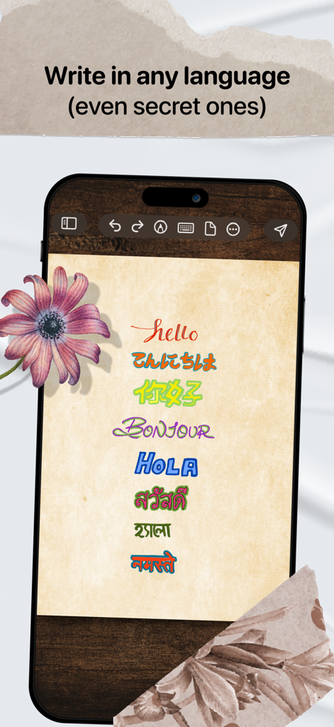Lettre.app - PenPals for life - A smartphone screen showing the word Hello handwritten in multiple global languages on digital stationery