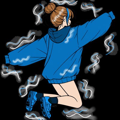 realistic girl jumping with a bun and oversized sweatshirt