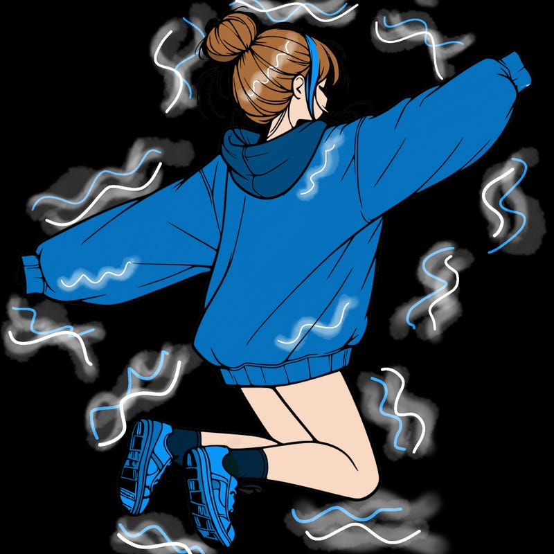 realistic girl jumping with a bun and oversized sweatshirt