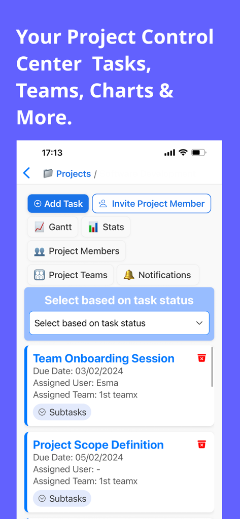 GanttMaster - Manage Projects - GanttMasterモバイルアプリのインターフェース。タスク管理とプロジェクト制御オプションを表示。