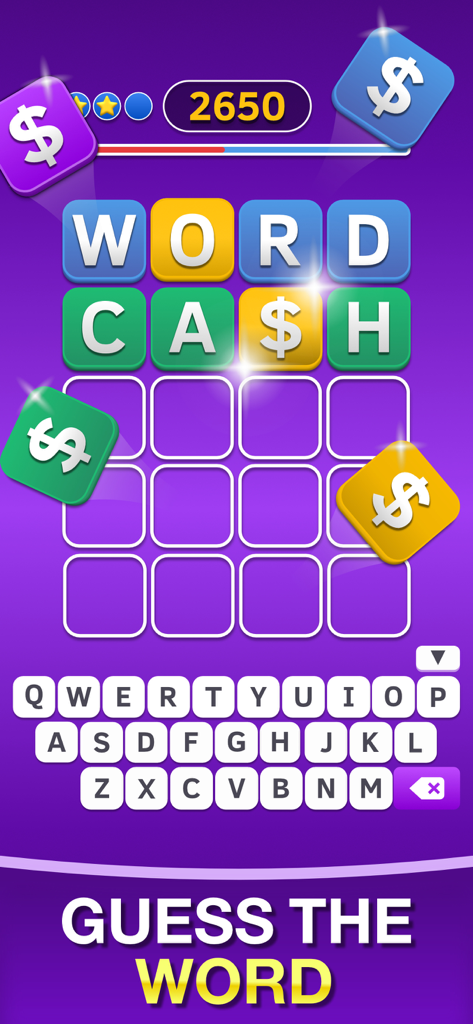 3 Word Cash - Win Real Prizes - Interface do jogo mobile 3 Word Cash mostrando uma grade de quebra-cabeça de palavras de 4 letras e um teclado.