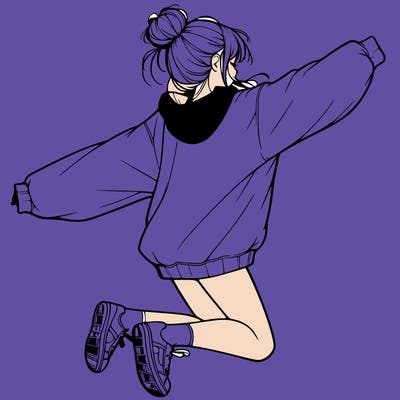 realistic girl jumping with a bun and oversized sweatshirt