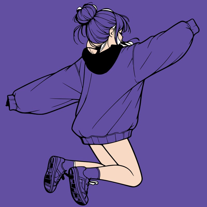 realistic girl jumping with a bun and oversized sweatshirt