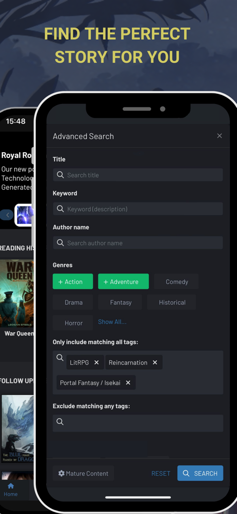 Royal Road - Read Stories - Royal Roadモバイルアプリの高度な検索画面。アクションとアドベンチャーのジャンルフィルターと、リットRPGおよび異世界用の特定のタグが表示されています。