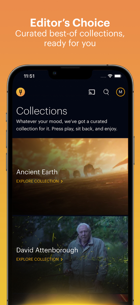 CuriosityStreamのキュレーションされたドキュメンタリーコレクションを表示するスマートフォンの画面。