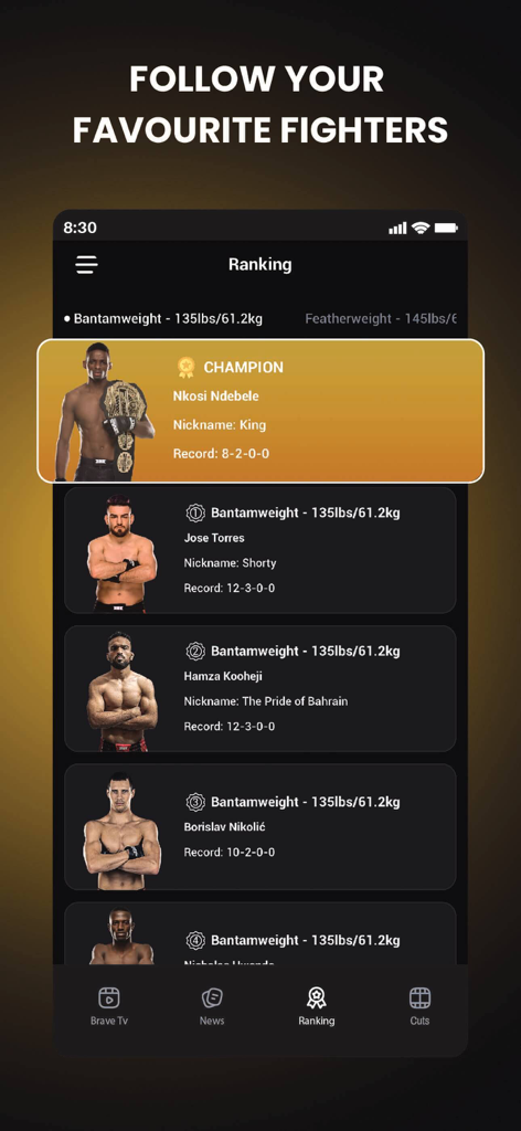 Pantalla de clasificación de la aplicación Brave TV para luchadores de MMA de peso gallo.
